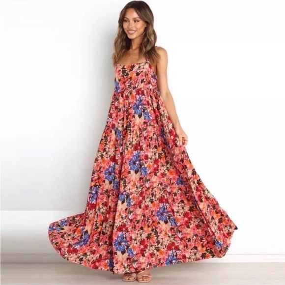 Lena Vie Boutique Dresses & Skirts - Floral Spaghetti-Strap Maxi Dress in Coral Pink
